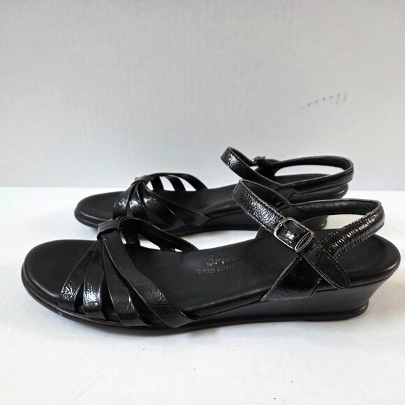 SAS Sandals Womens 11 Black Patent Leather Strippy Quarter Strap Ankle Wedges - Picture 1 of 9